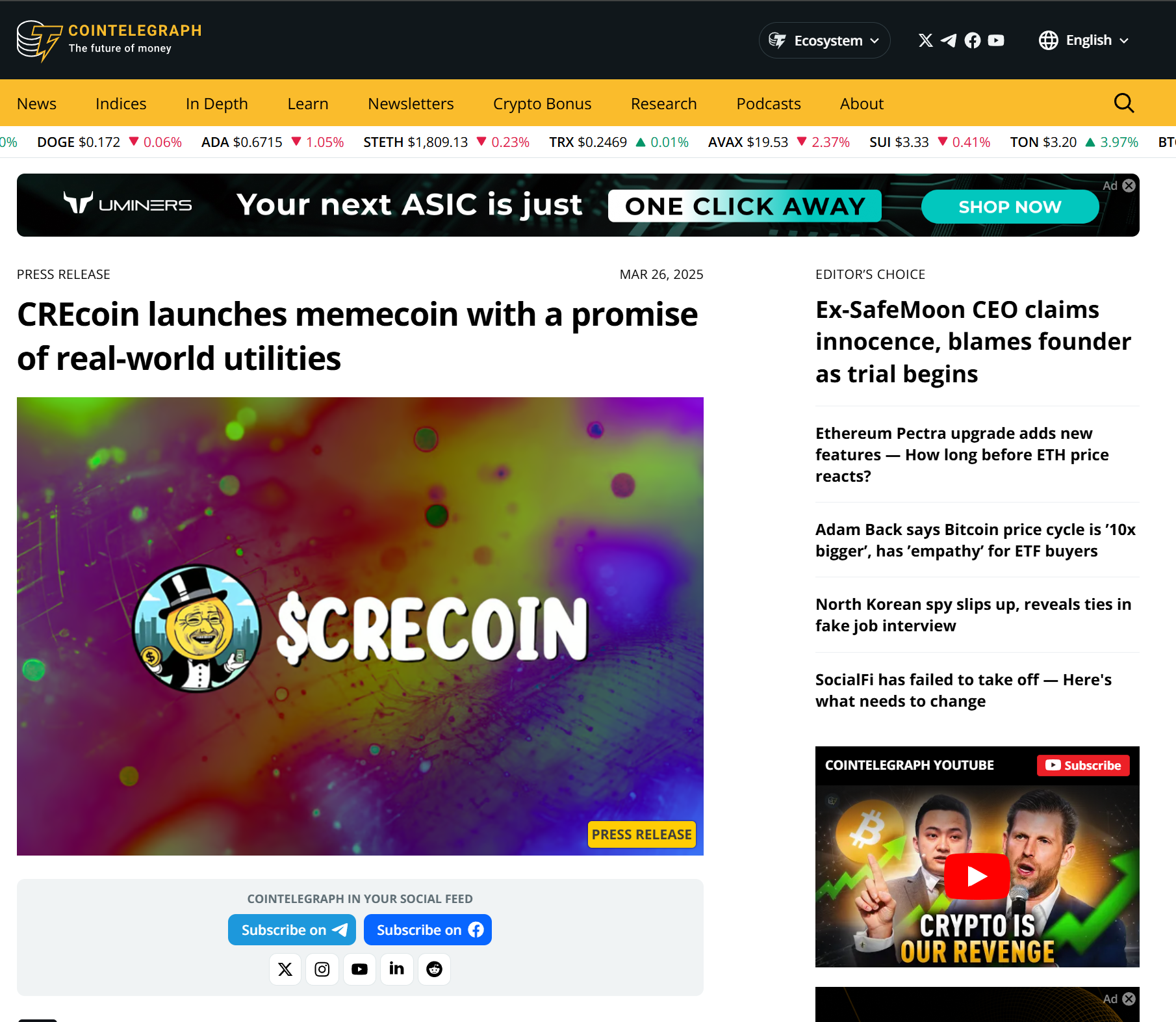 CRECoin in Coin Telegraph